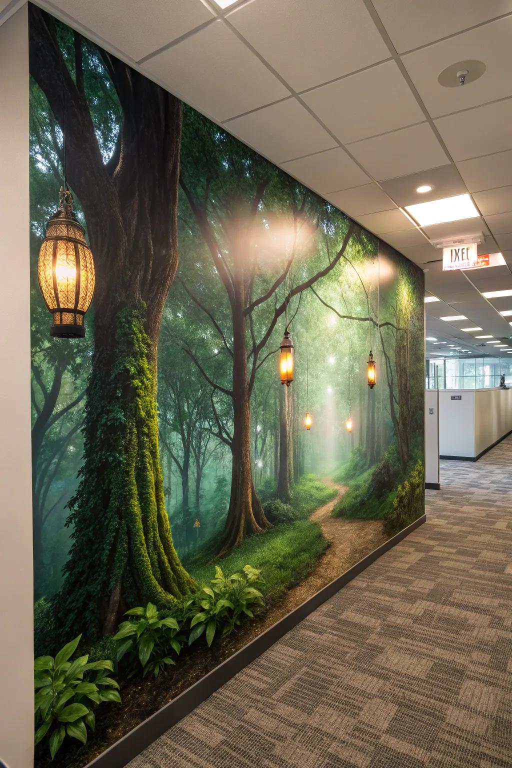 Add a touch of wonder to your office with mystical forest murals.