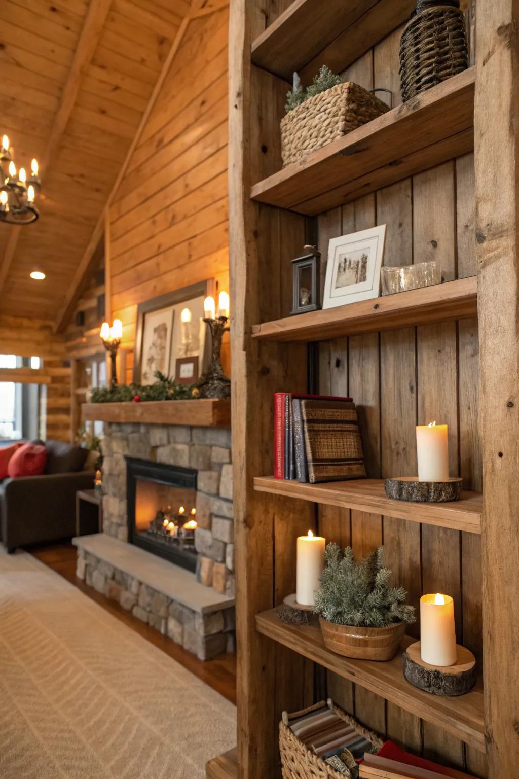 Rustic lodge interior with reclaimed wood shelves showcasing decor and books.