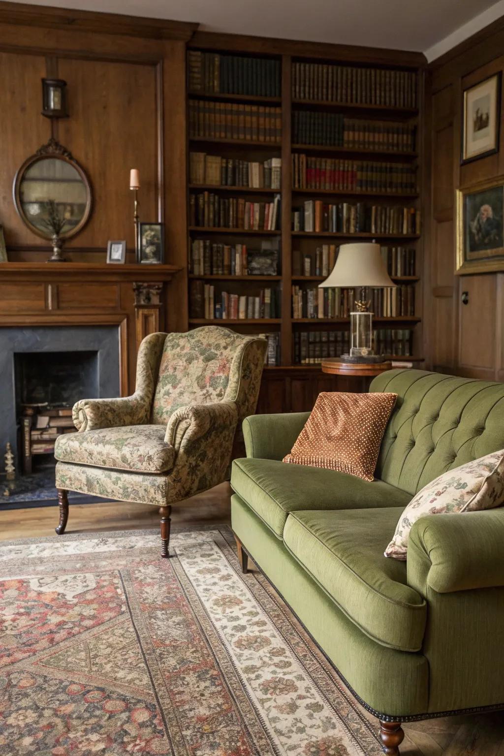 Vintage touches bring timeless elegance to the living area.