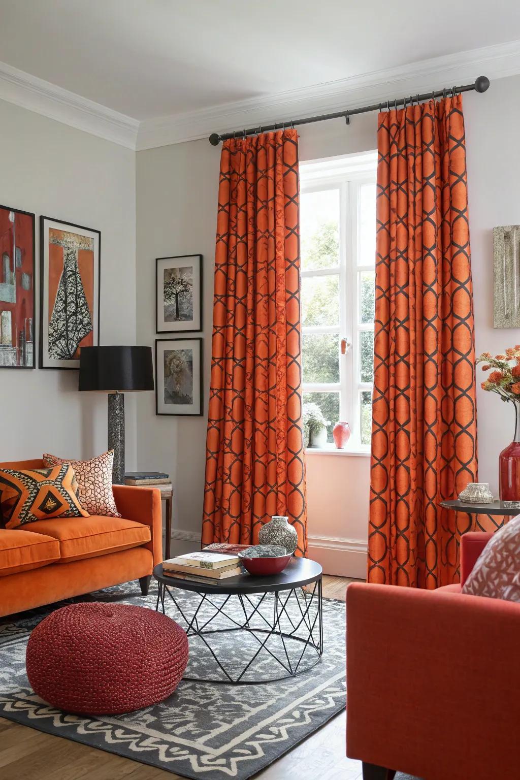 Bold prints on orange curtains making a dramatic statement.