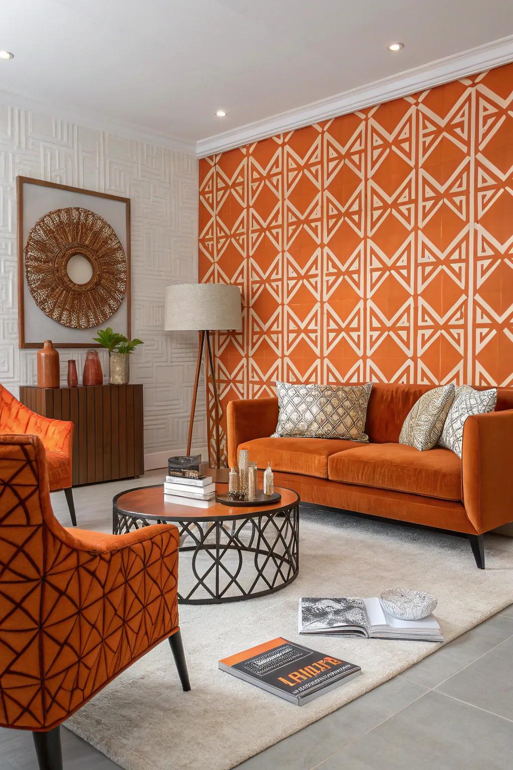 A modern living room featuring orange geometric patterned decor.