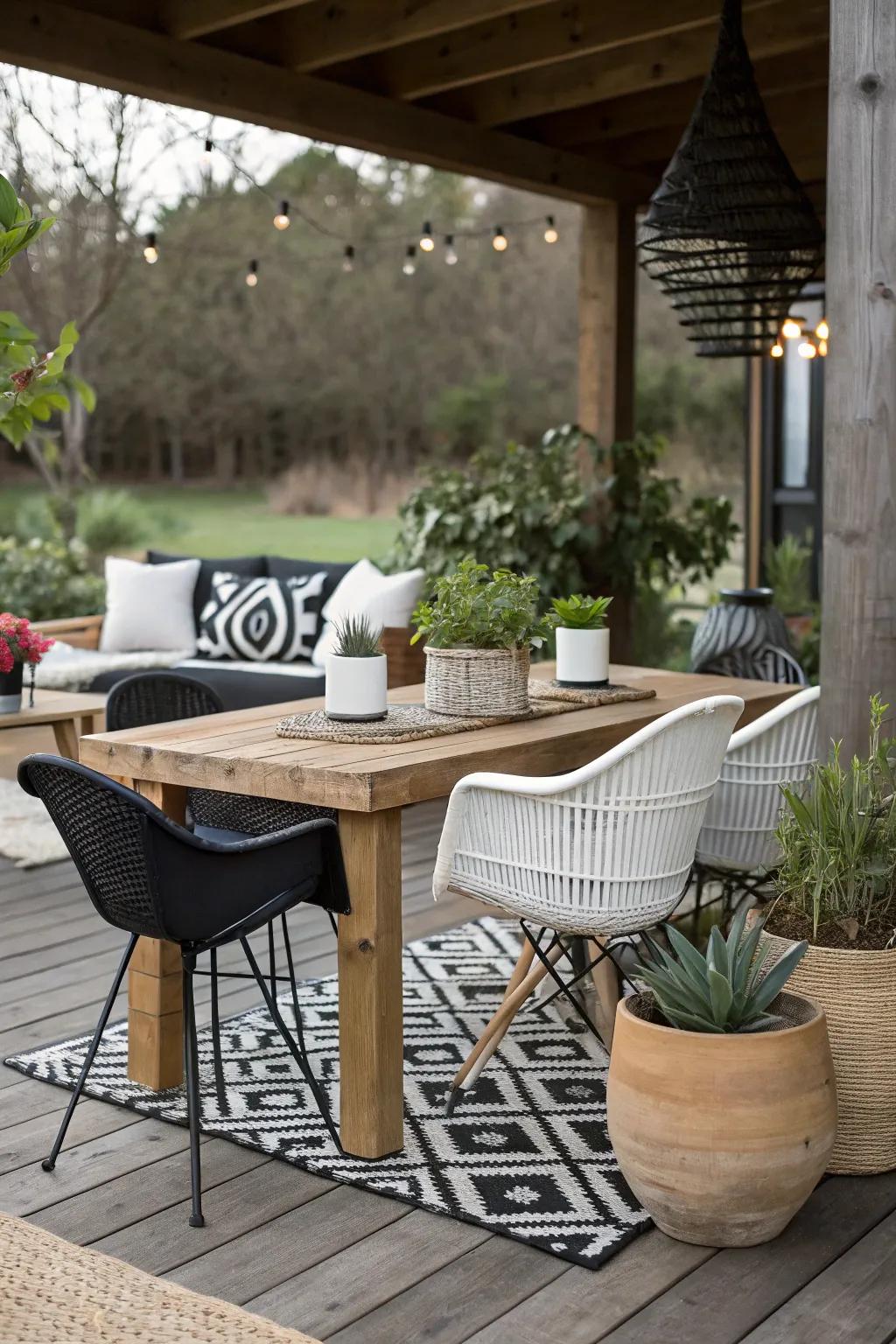 Rustic wood meets modern design in this inviting patio setting.