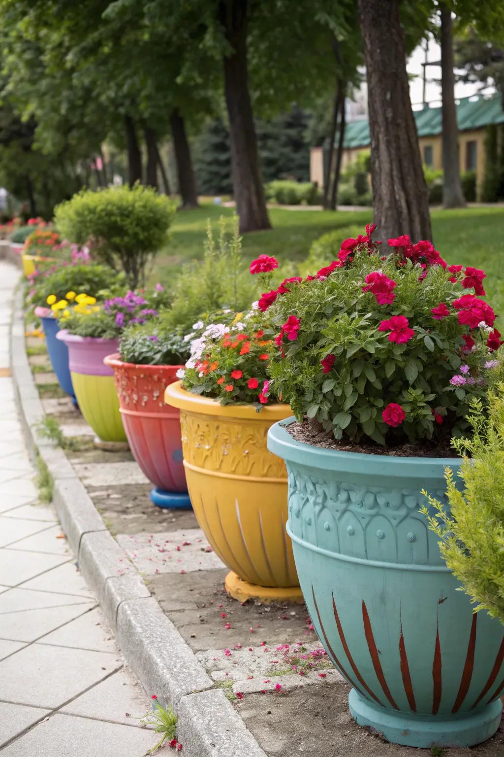 Colorful ceramic pots bringing vibrancy to the garden.