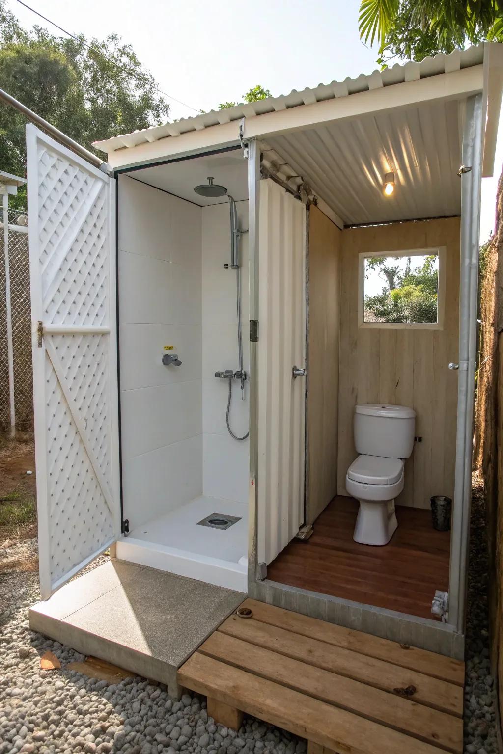 Maximize space with a dual-function shower and toilet setup.