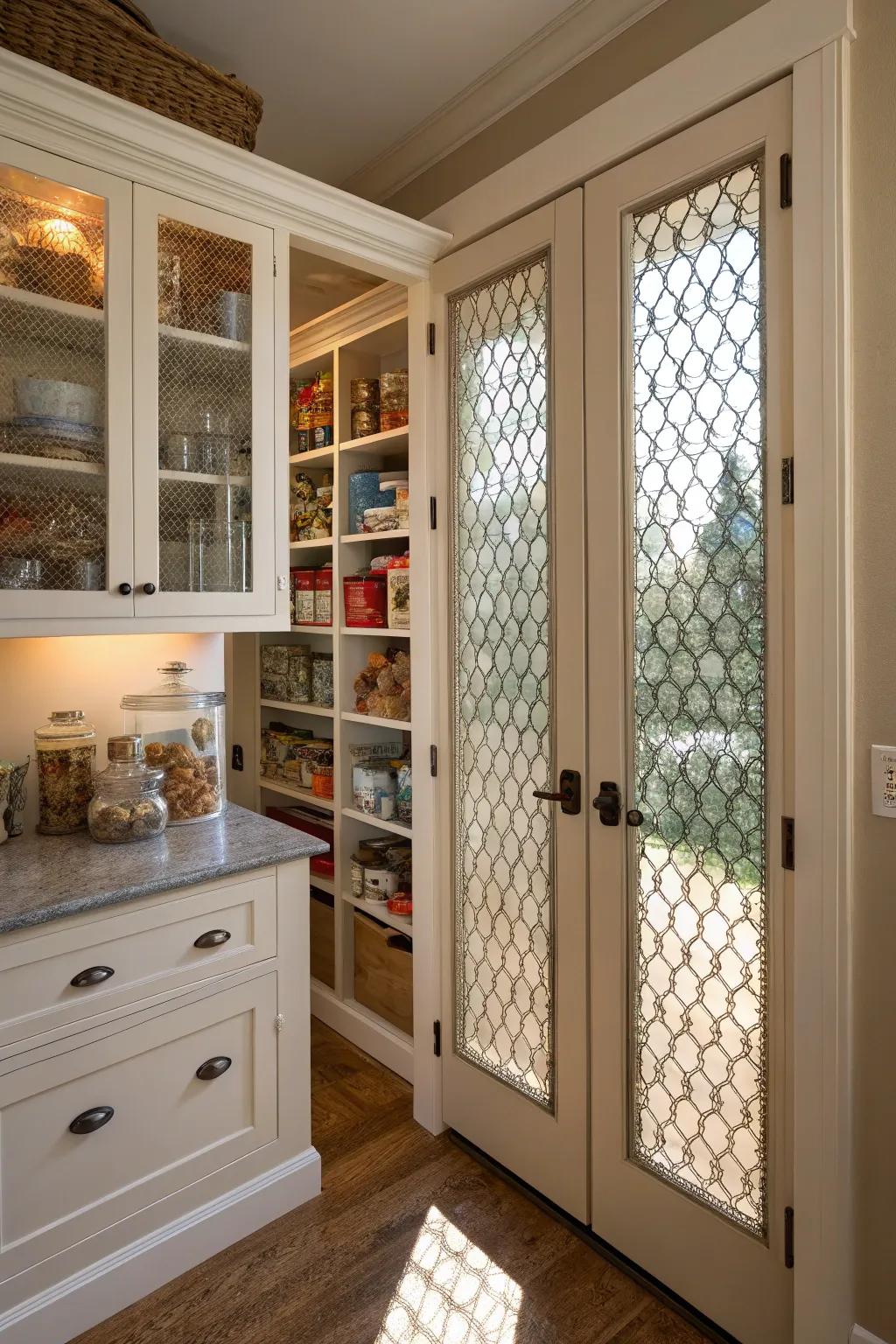 Patterned glass doors offer texture and a touch of style.