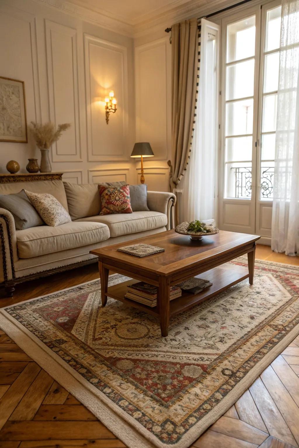 Layered rugs add comfort and style to the flooring.