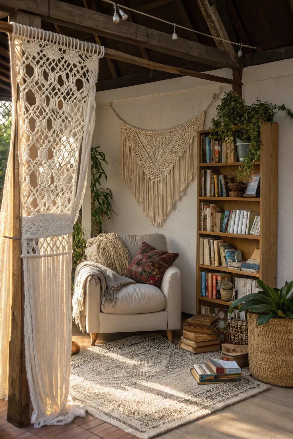 Macramé dividers bring a touch of bohemian charm.