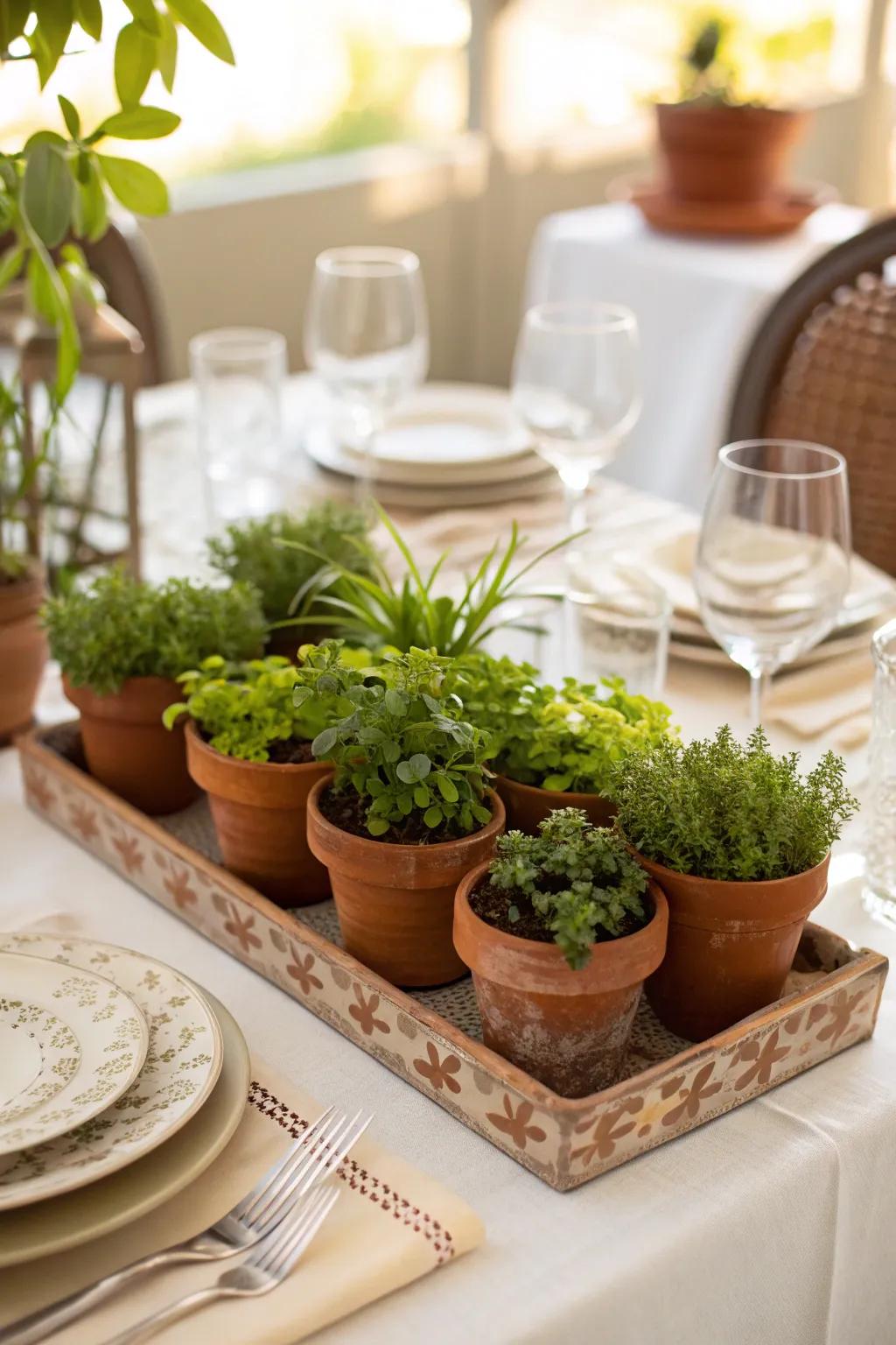 An eco-friendly centerpiece with potted plants.