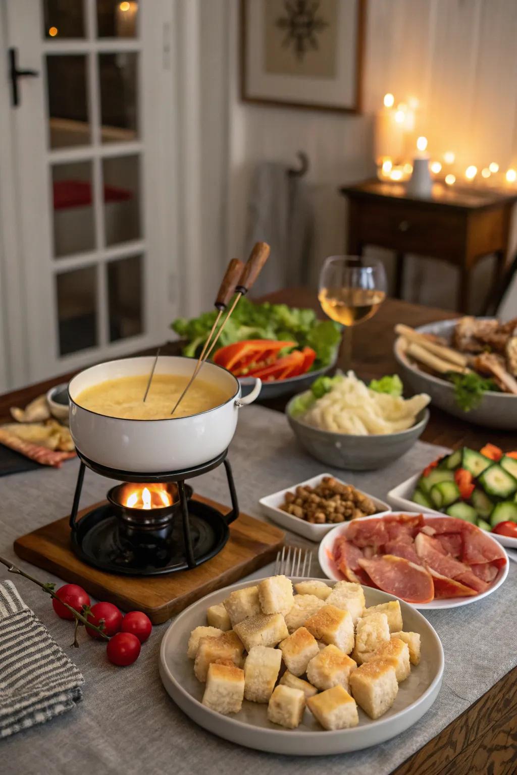 A delightful cheese fondue setup that encourages communal dining.