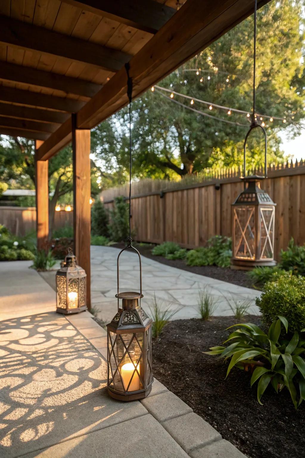 Hanging lanterns add a rustic charm and cast lovely shadows.