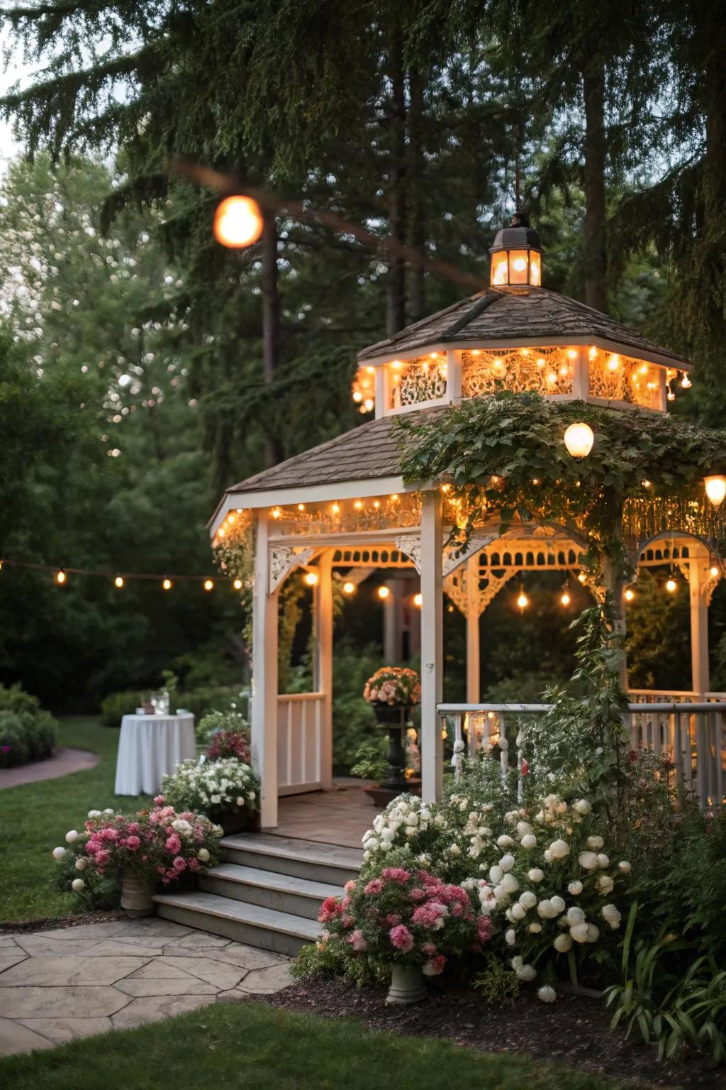 Globe lights make your gazebo a glowing retreat.