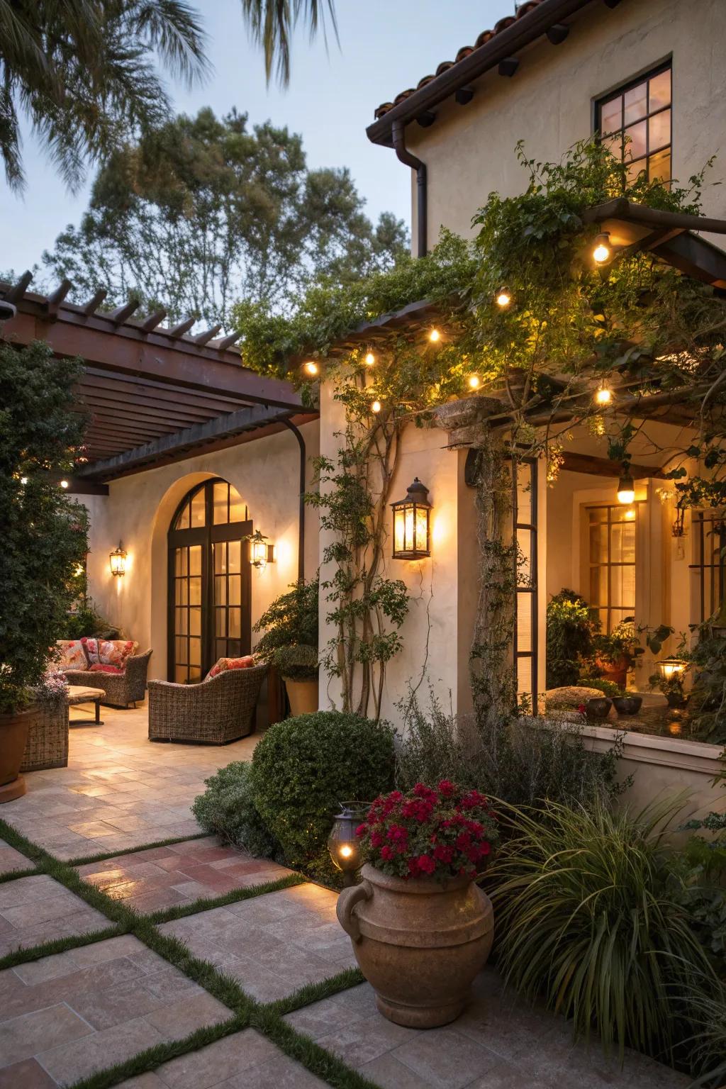 Spotlights casting a beautiful glow on patio plants.