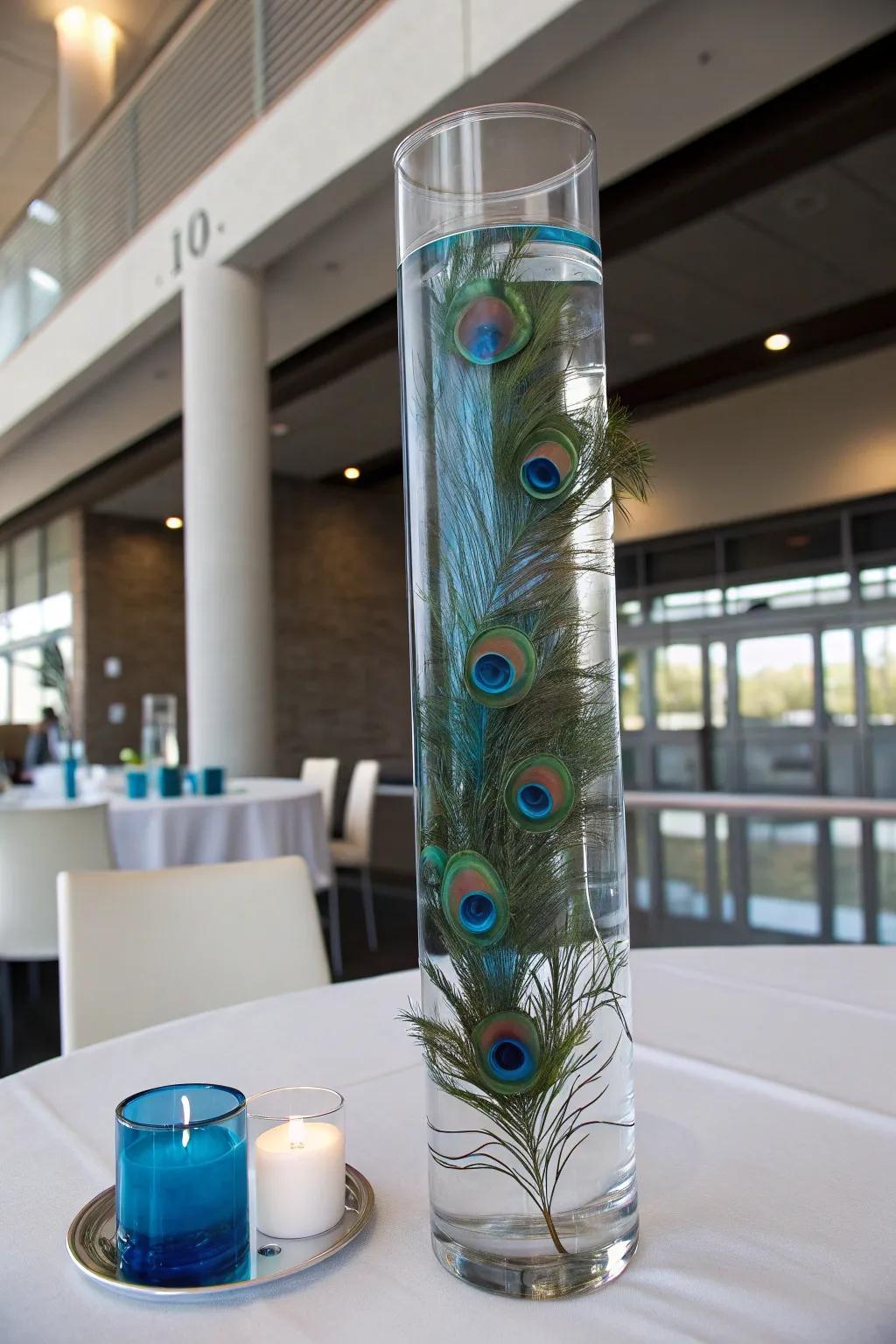 A striking floating centerpiece with peacock feathers.