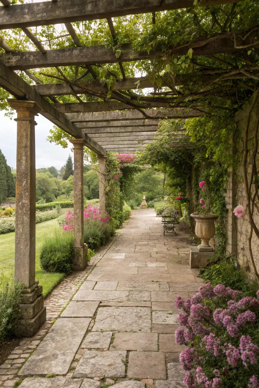 A stone floor gives your pergola a rustic, charming appeal.