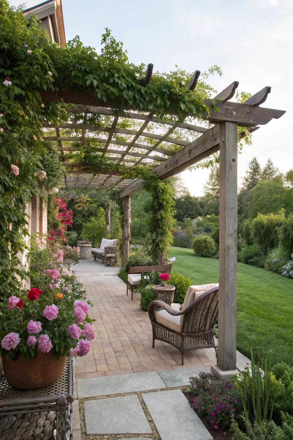 A pergola-inspired arbor bridges indoor and outdoor spaces beautifully.