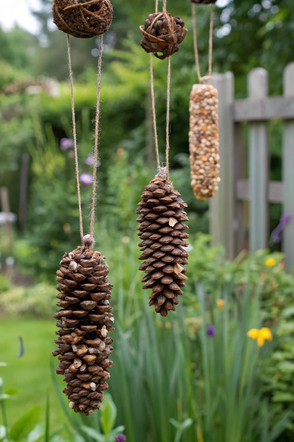 Pinecones easily transform into inviting bird feeders.