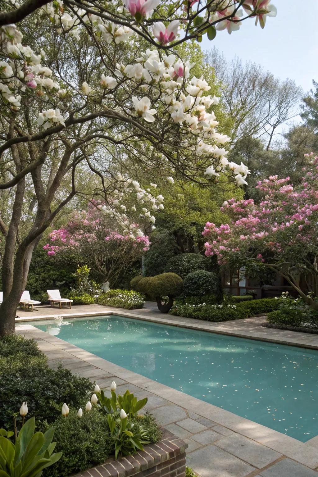 Magnolia trees offer beauty and shade with their iconic blooms.