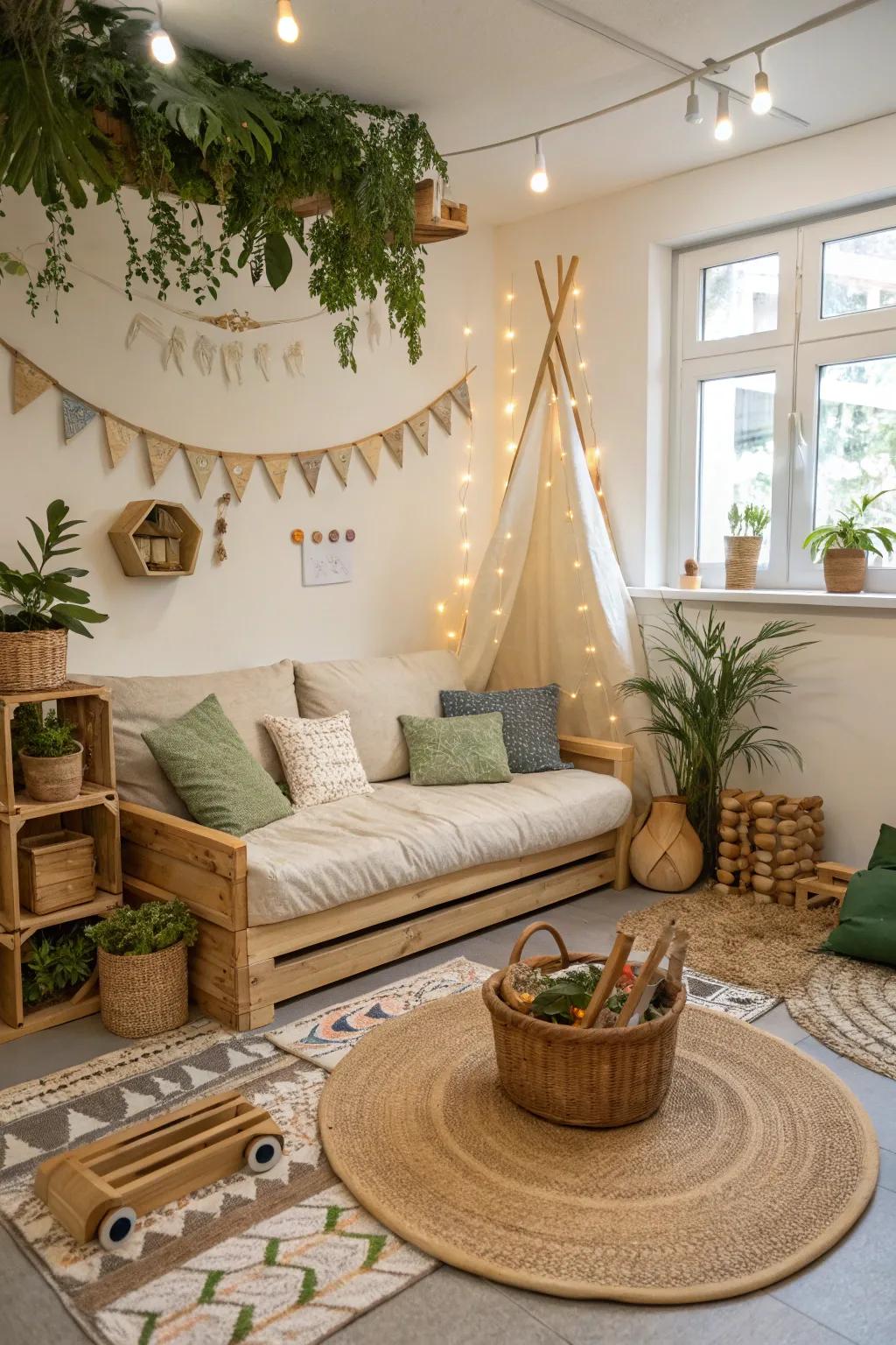 An eco-conscious playroom with a sustainable material couch.