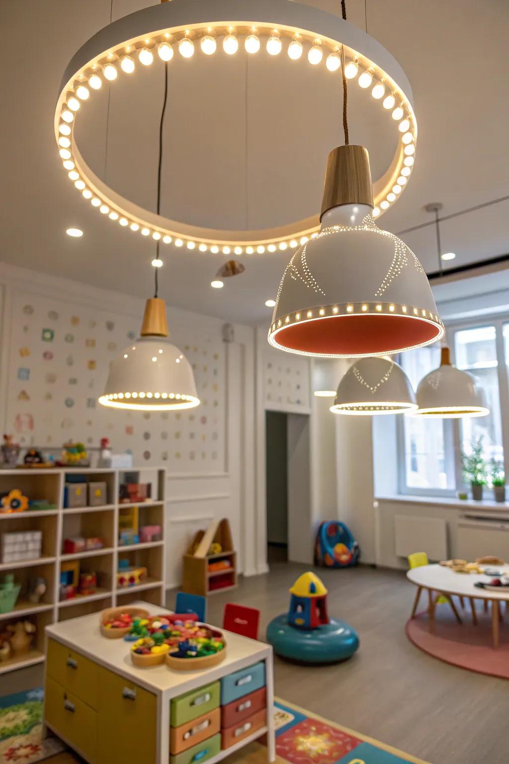 Unique lighting fixtures creating ambiance in the playroom.