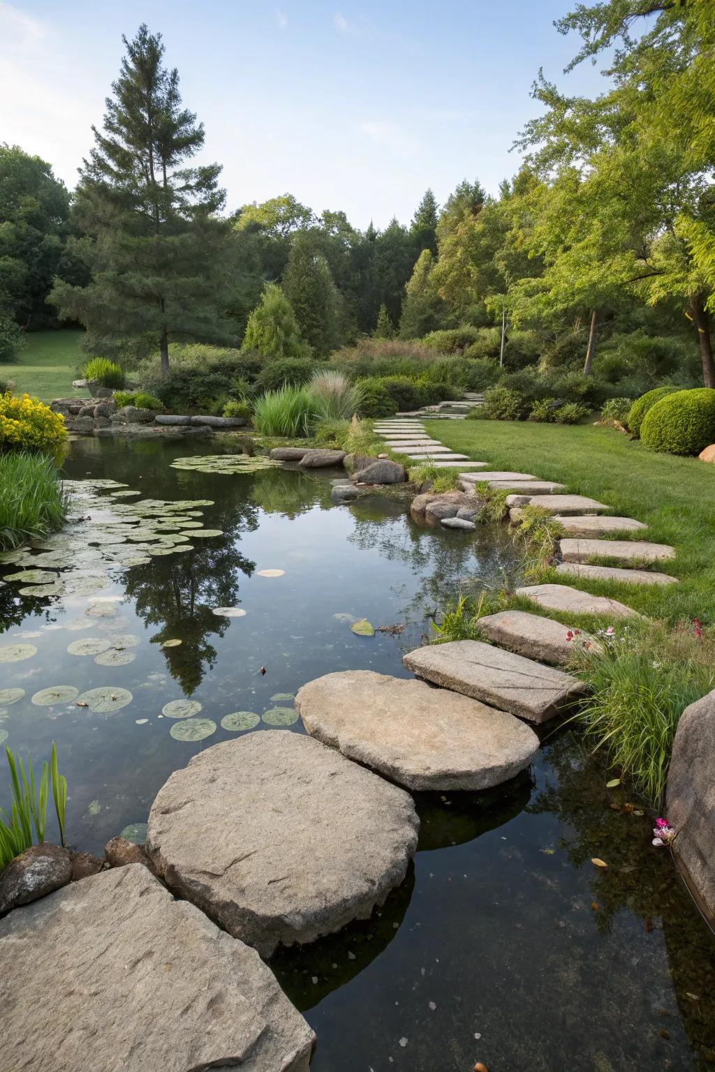 A backyard pond with large stepping stones creating pathways.