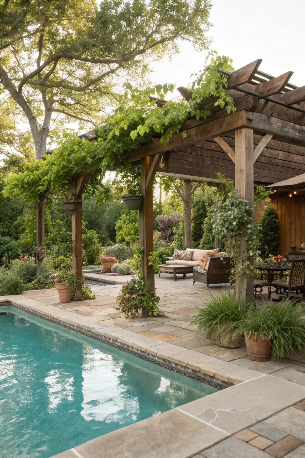 A pool with a rustic pergola offering shaded comfort.