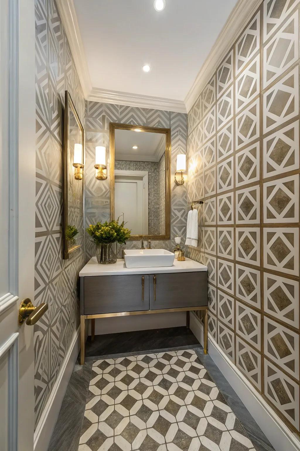 A powder room showcasing modern geometric patterns.