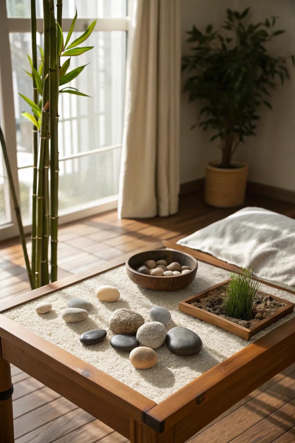 Zen elements can create a serene and focused display atmosphere.