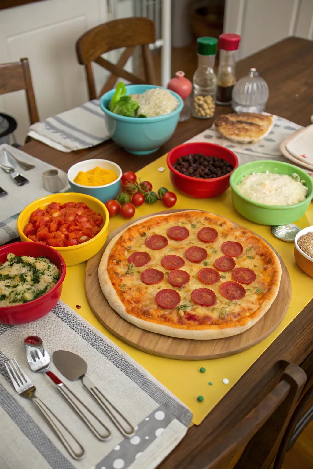 A dining table with a DIY pizza setup, showcasing various toppings and freshly baked pizzas.