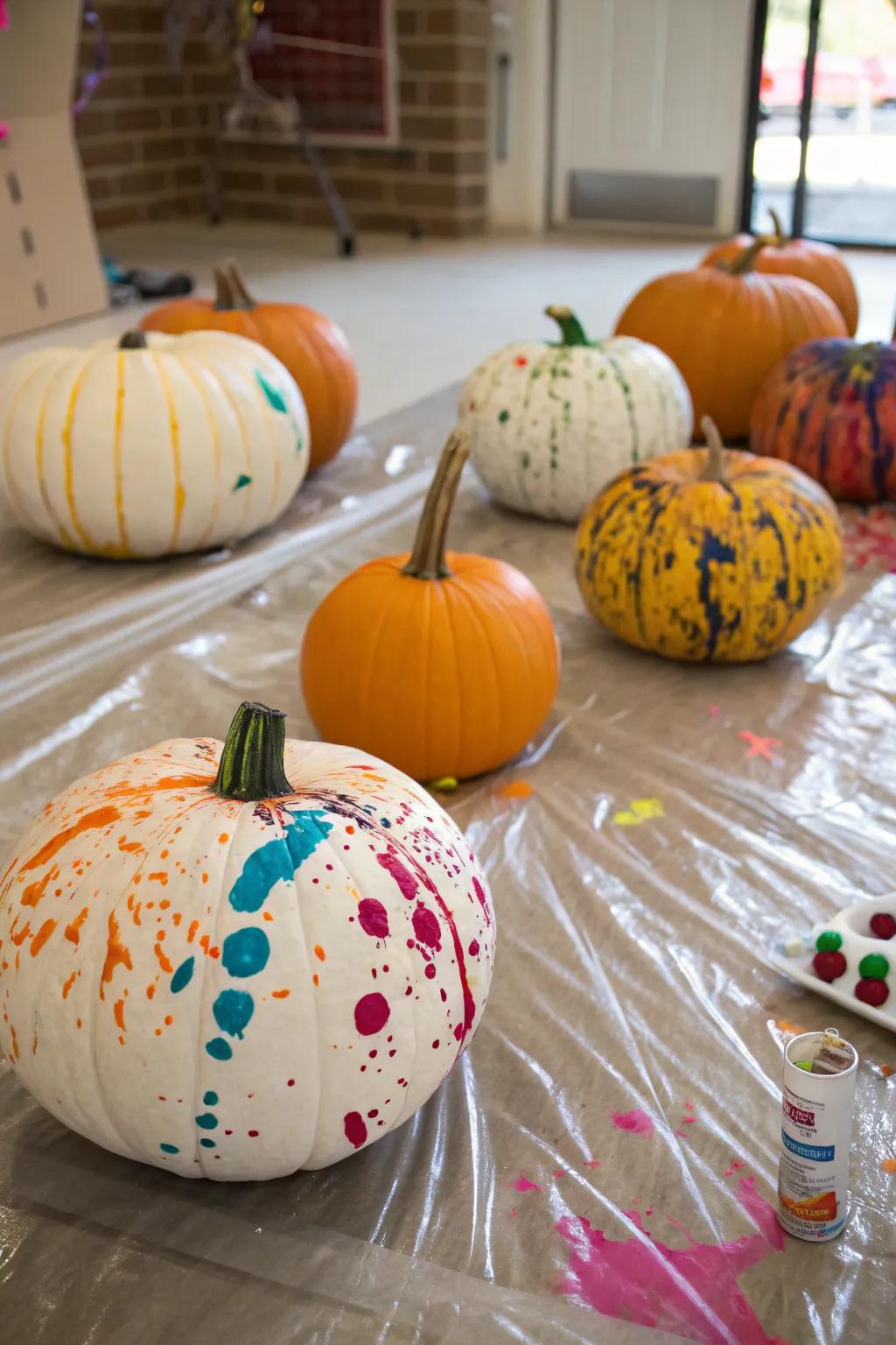 Splatter paint pumpkins bursting with color.