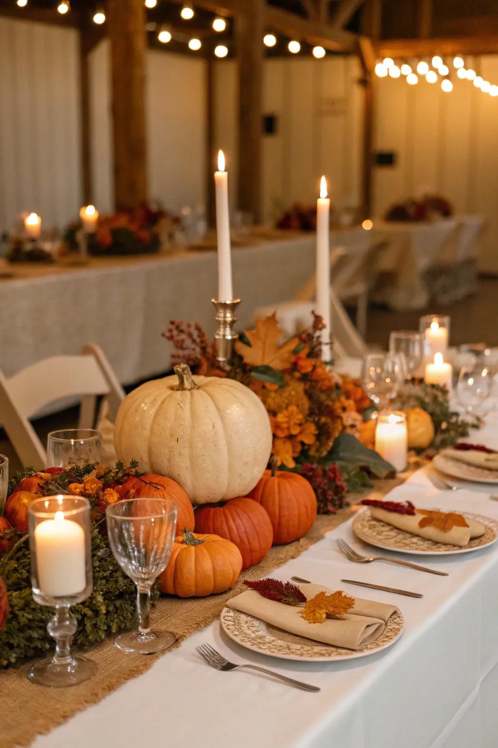 A beautifully decorated head table with pumpkin accents.