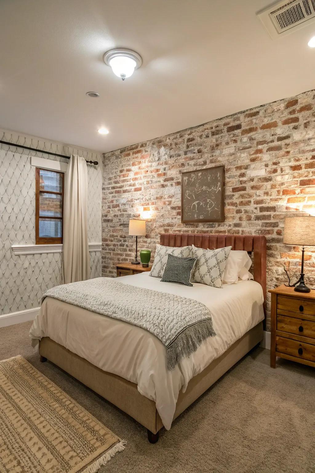 Exposed brick look adding urban chic to the bedroom.