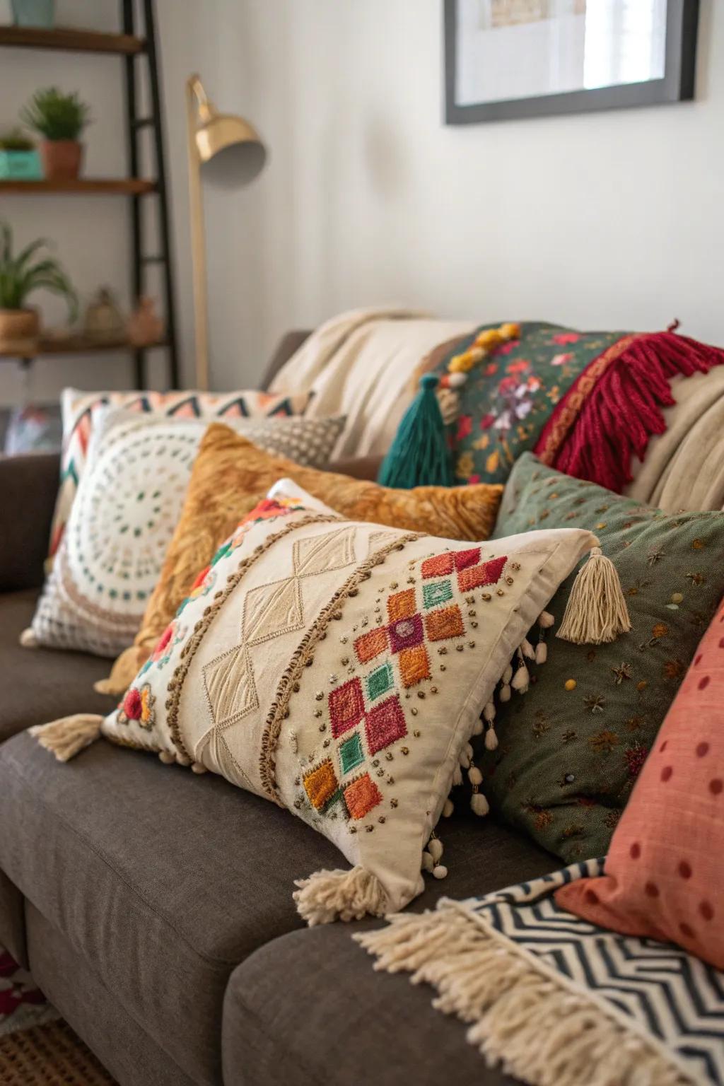 Eclectic throw pillows add personality to the couch.