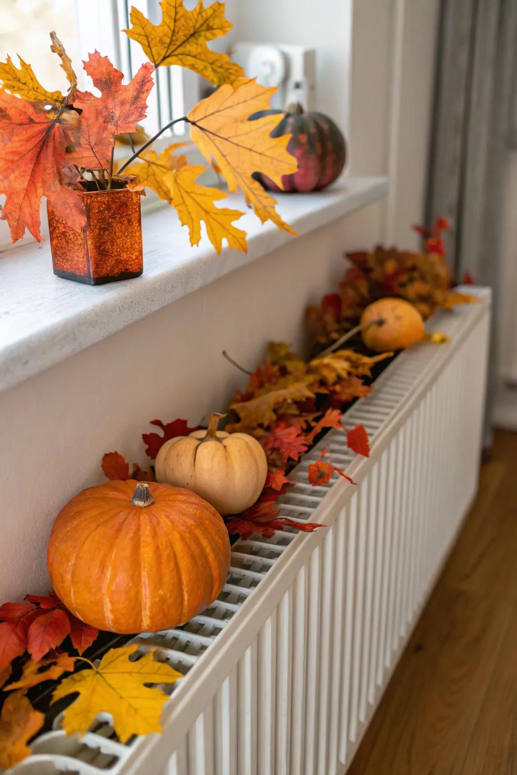 Embrace the seasons with a rotating display of themed decor on your radiator shelf.