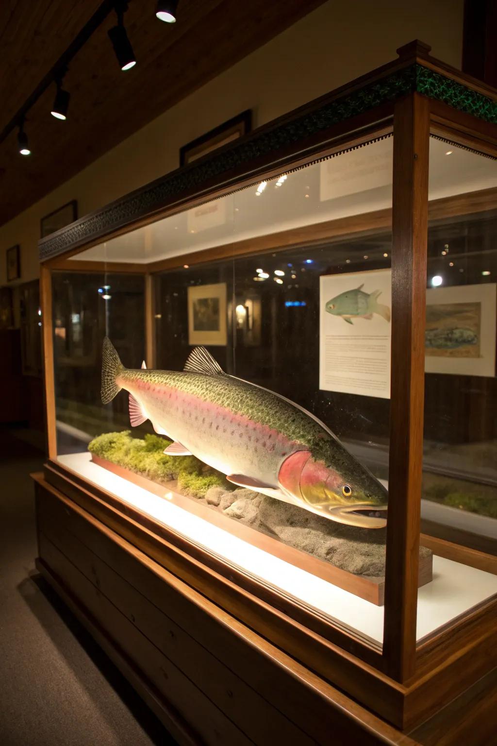 An illuminated display case accentuates the vibrant colors of the rainbow trout.