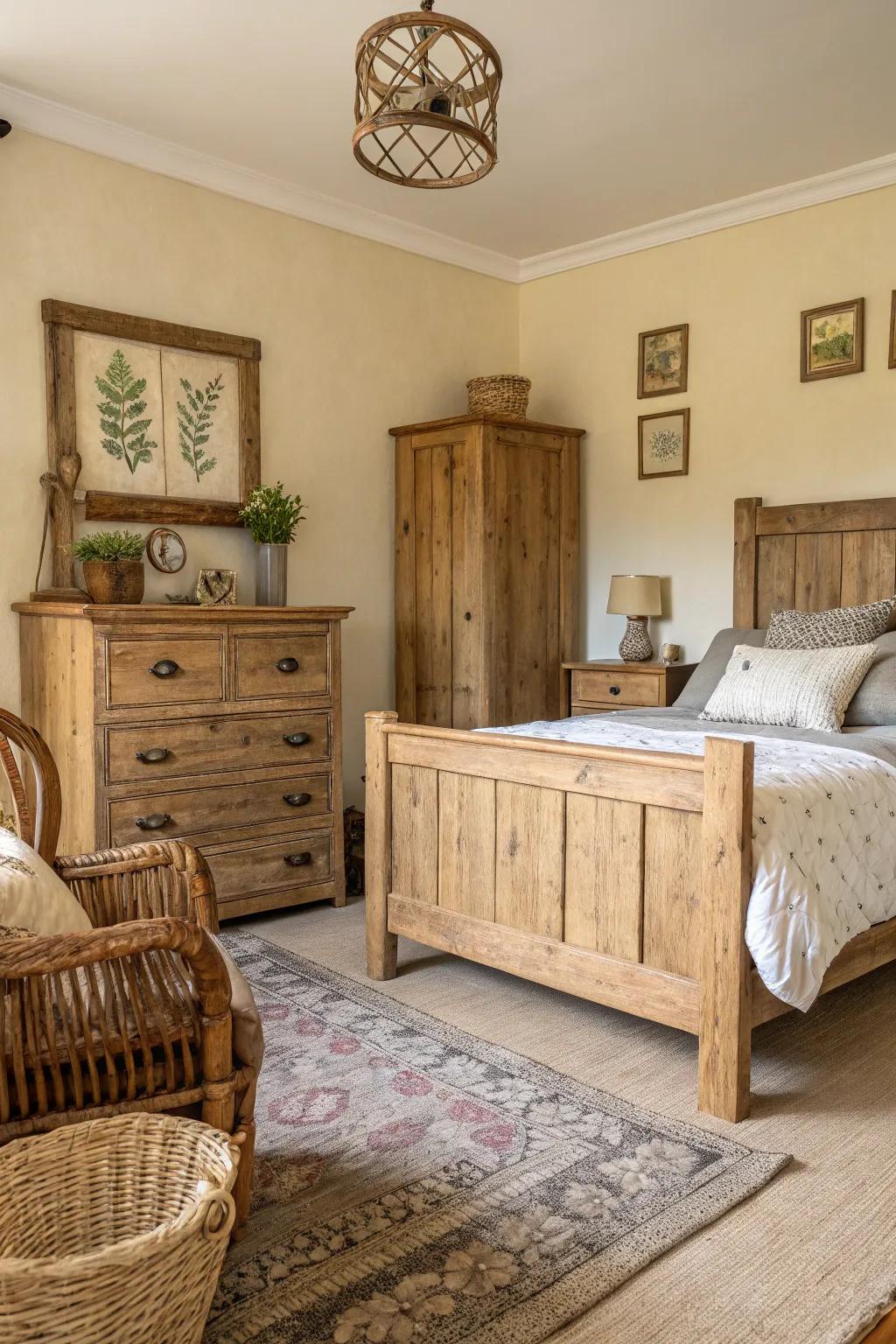 A rustic bedroom featuring repurposed wooden furniture.