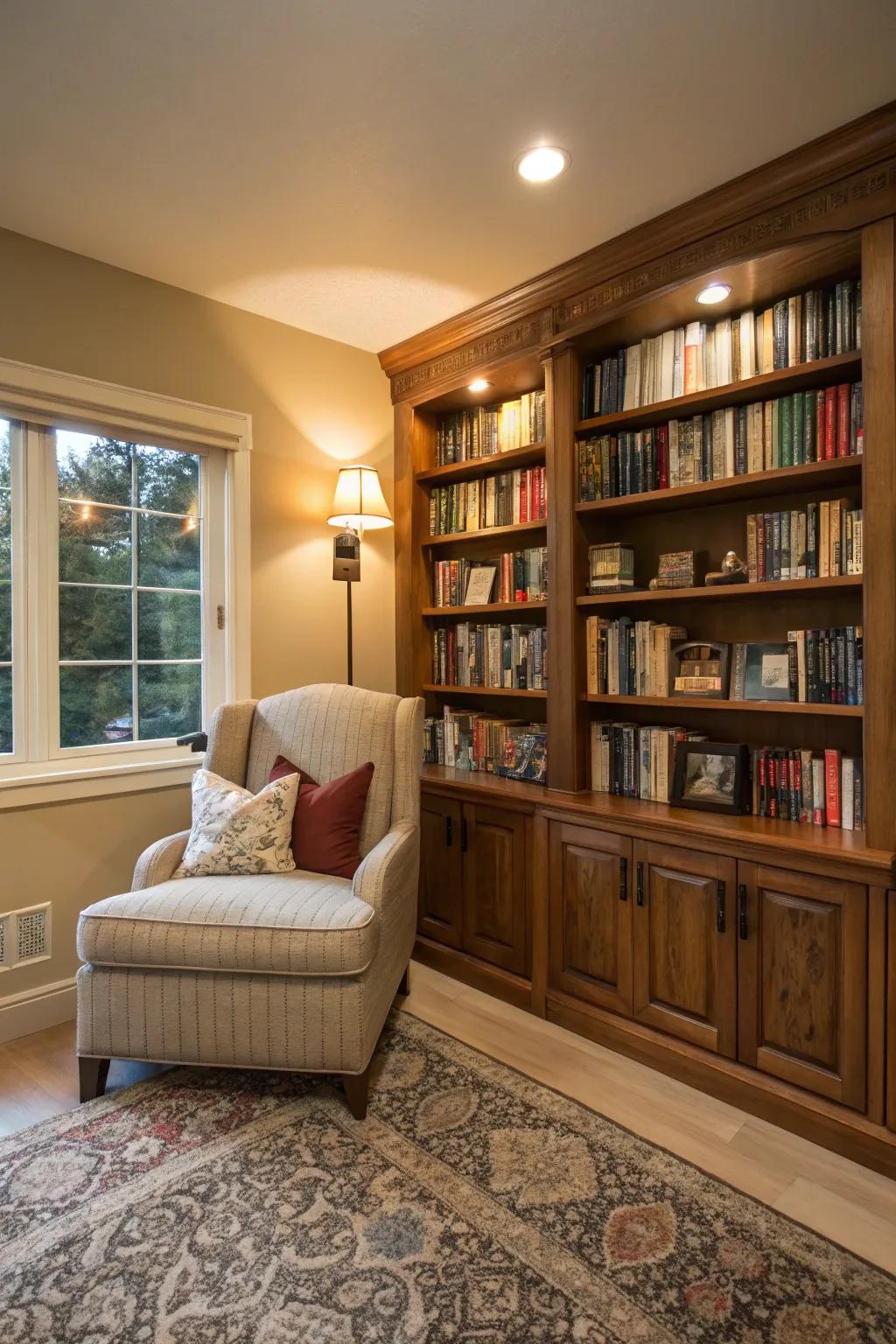 A book lover's dream living room with a mini library vibe.