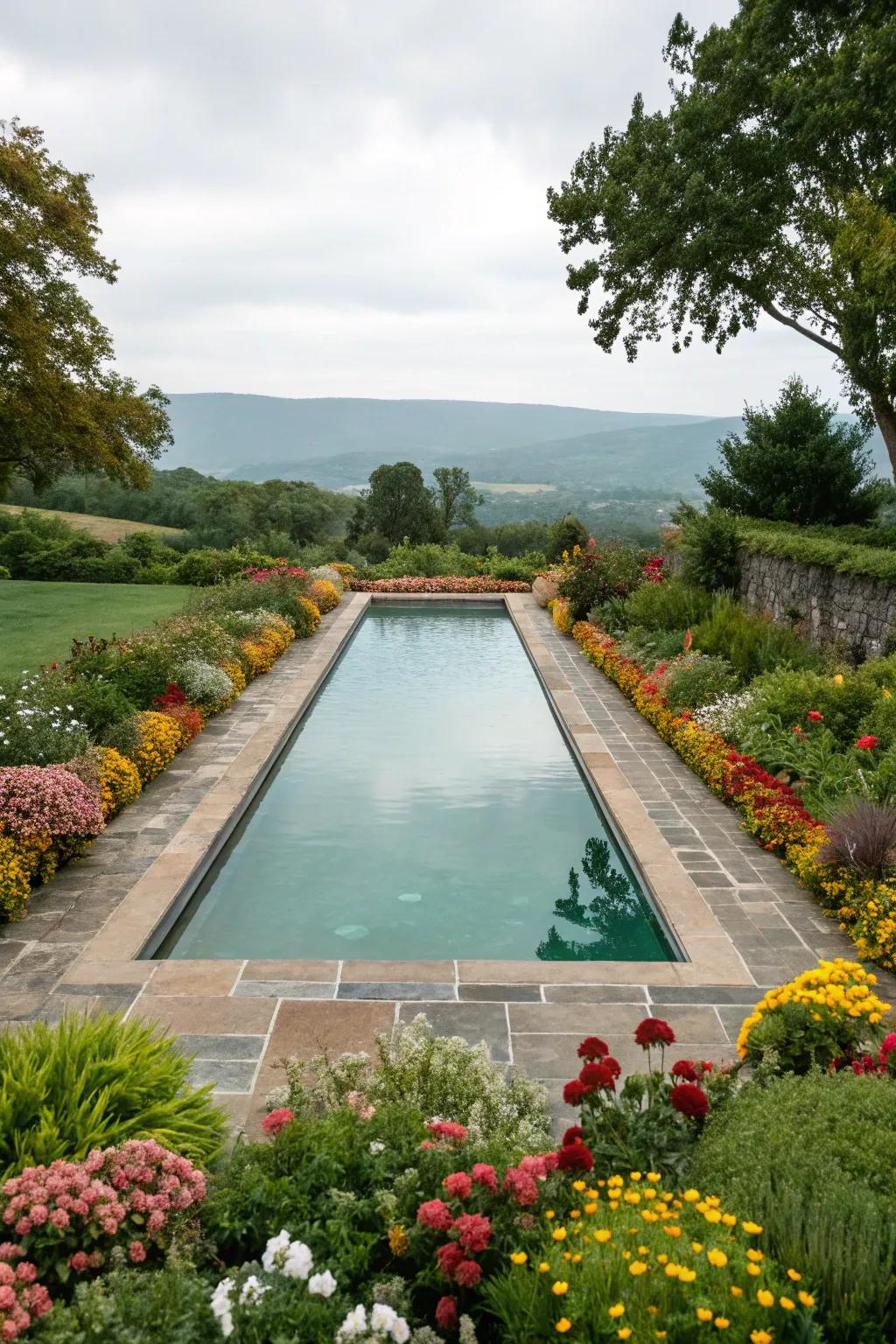 Garden beds provide a burst of color and life to the poolside.