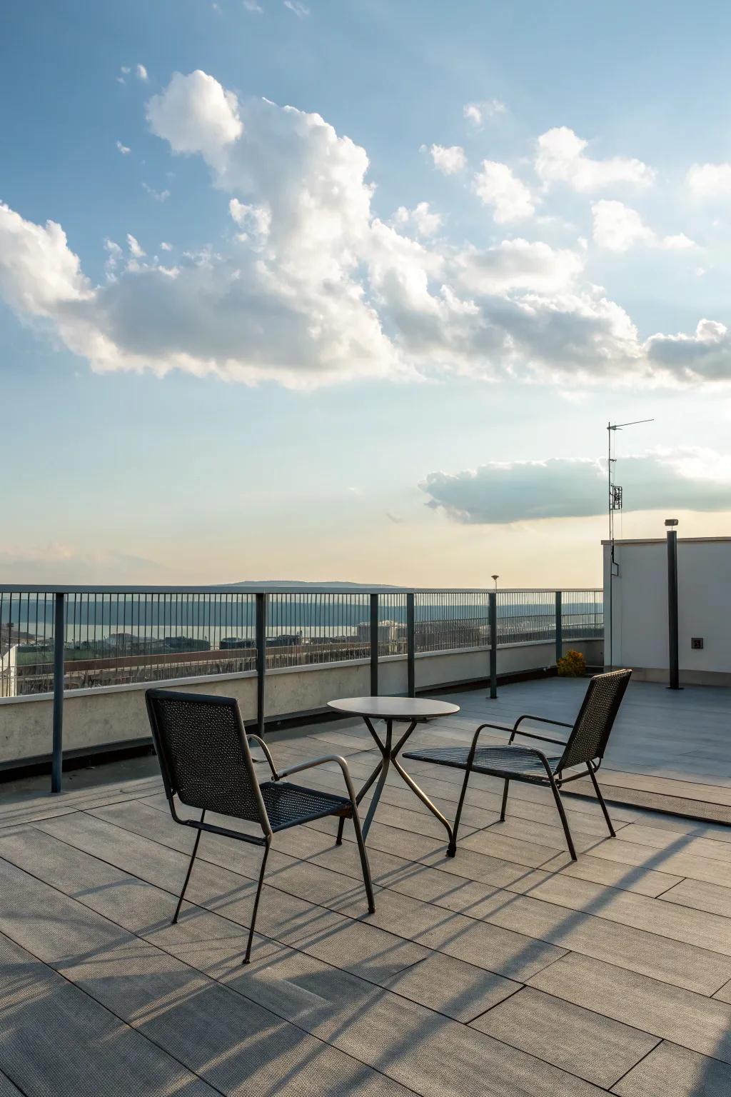 Create a minimalist retreat on your rooftop deck with simple, elegant design.