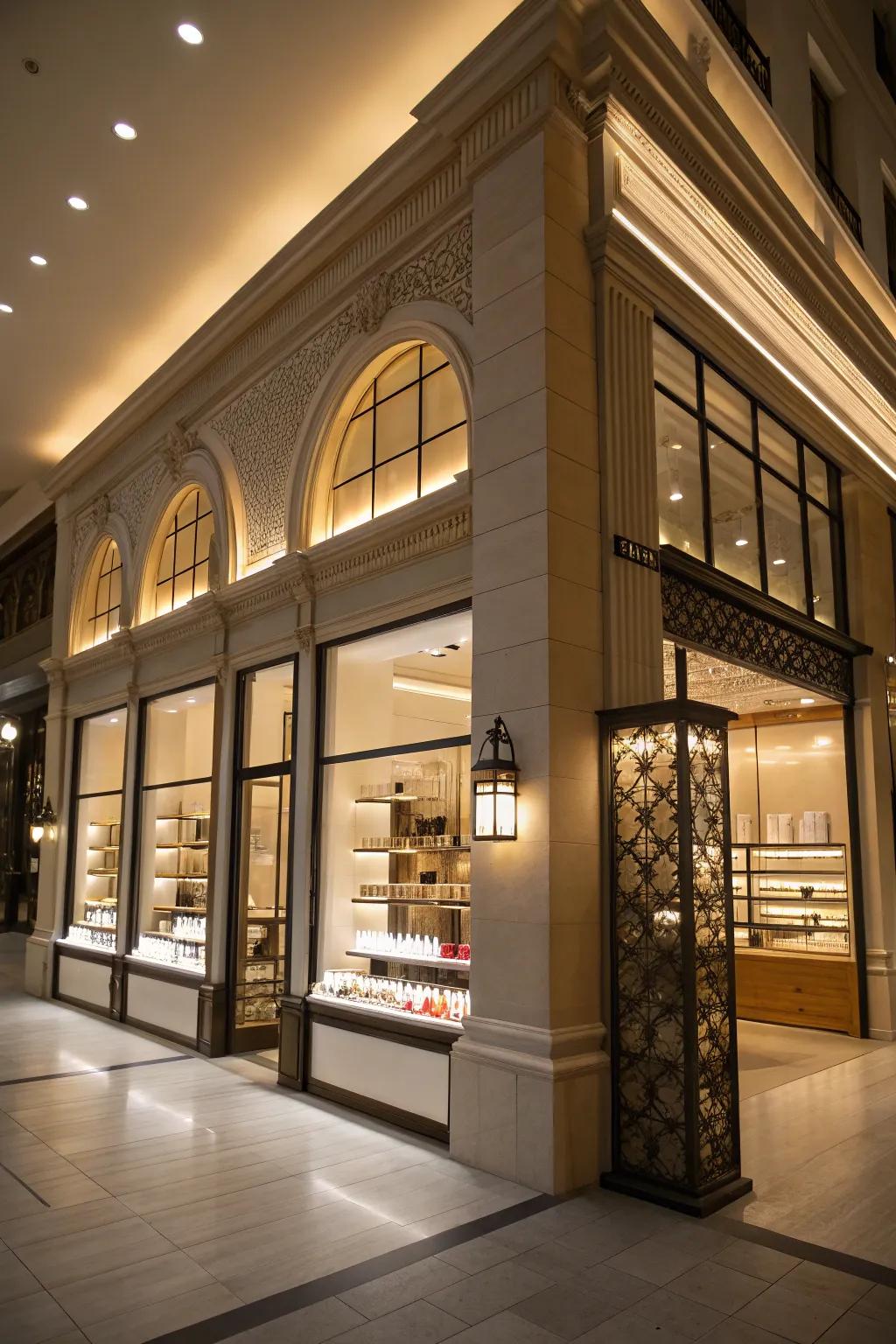 Uplighting adding drama and highlighting architectural elements.