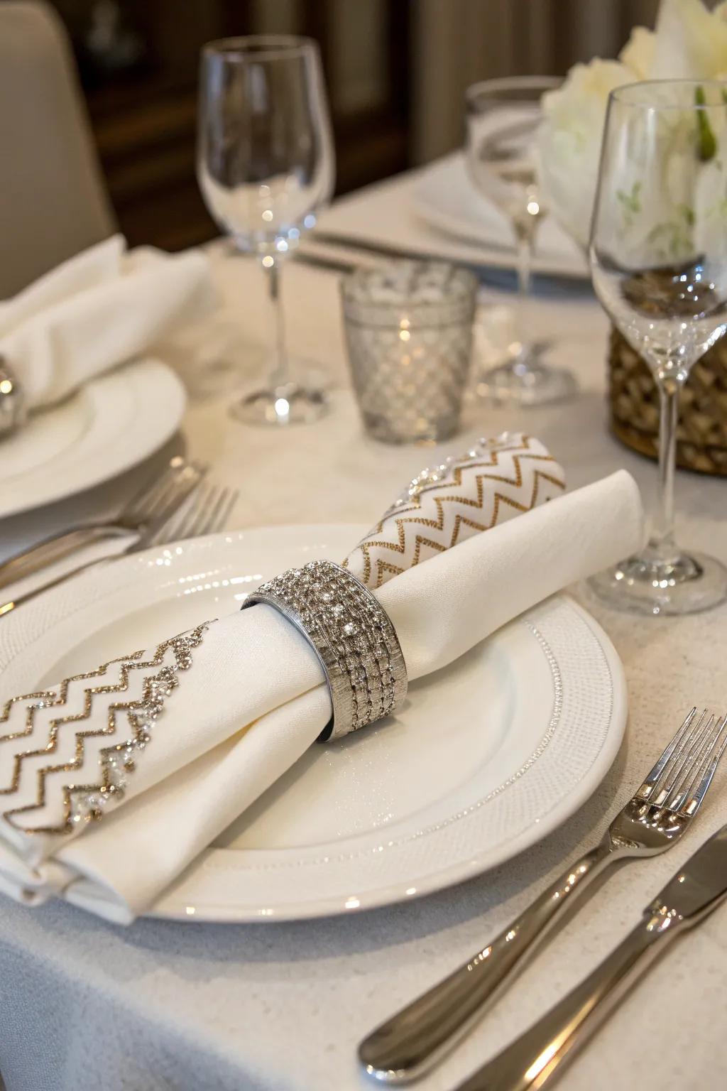 Chevron rhinestones enhance dining sophistication.