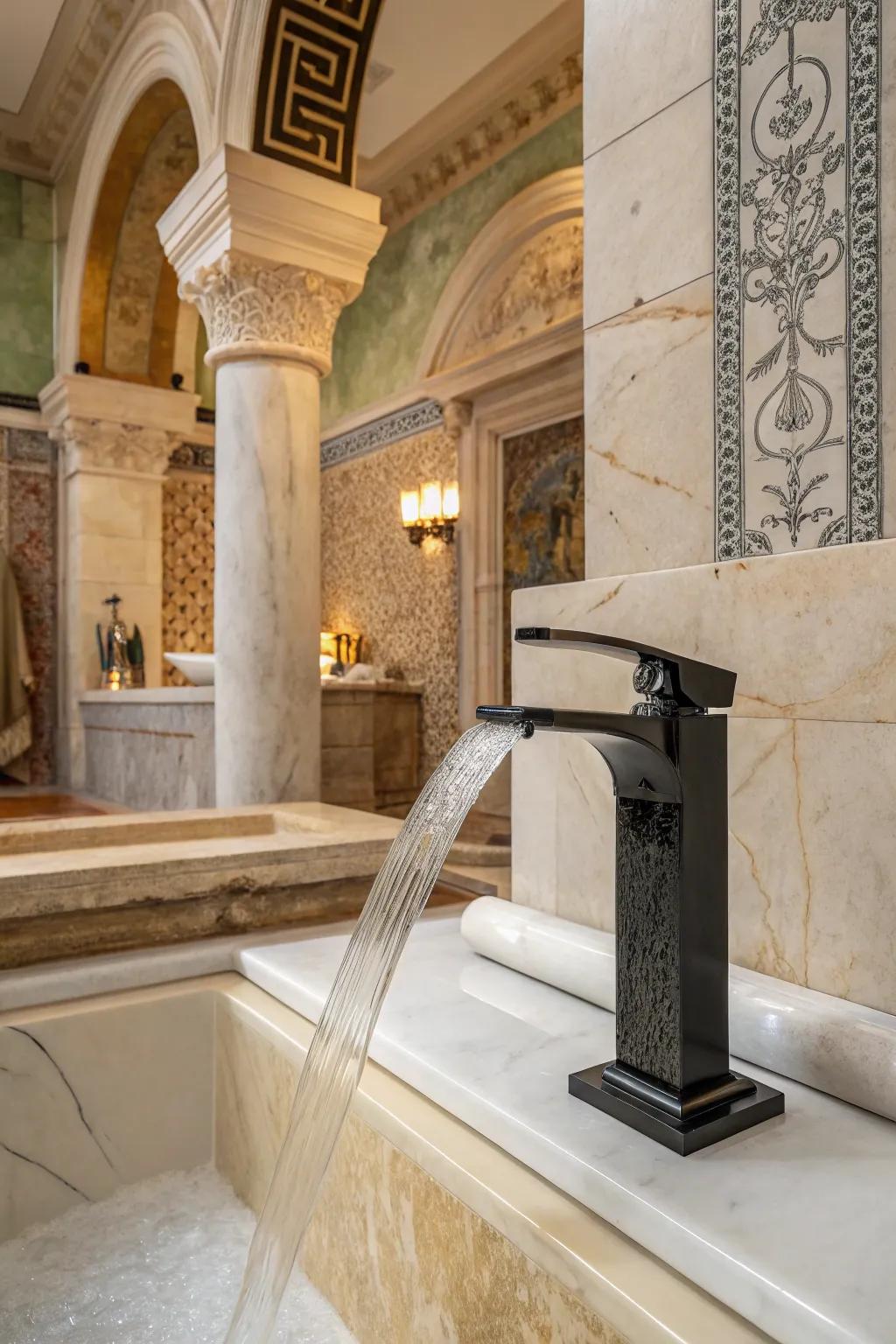 A waterfall faucet adds a modern touch to this Roman-inspired bathroom.