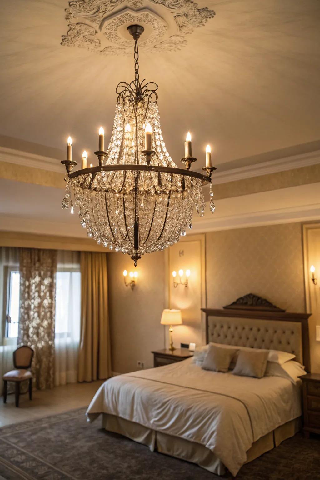 A chandelier adds elegance and a touch of sparkle to the bedroom.