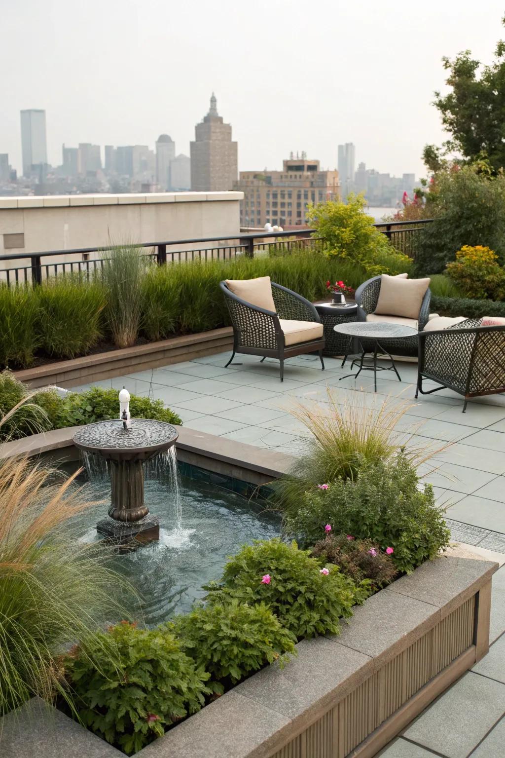 A water feature adds tranquility and elegance to a rooftop.