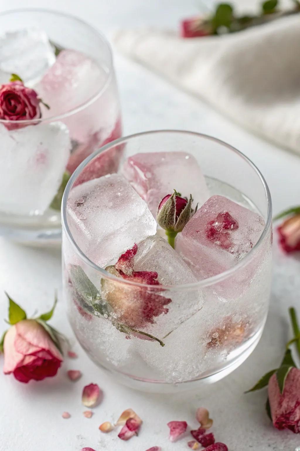 Ice cubes with rose petals, adding elegance to any drink