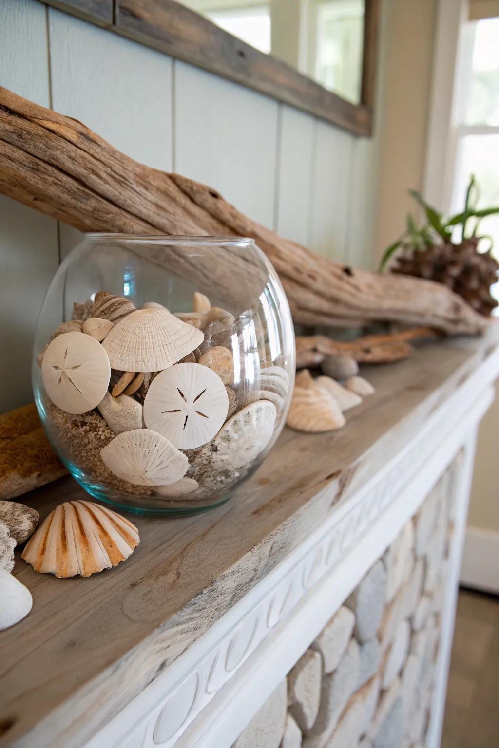 Seashells and sand dollars in a glass bowl evoke a beachside charm.