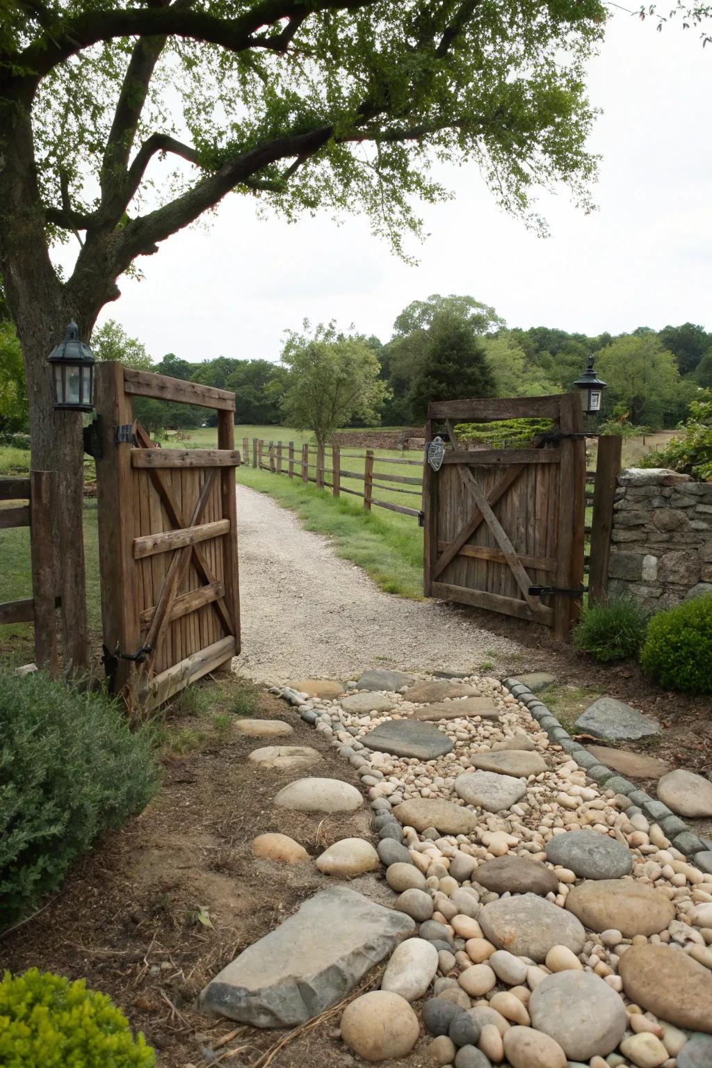 A rustic gate complemented by a natural stone pathway.