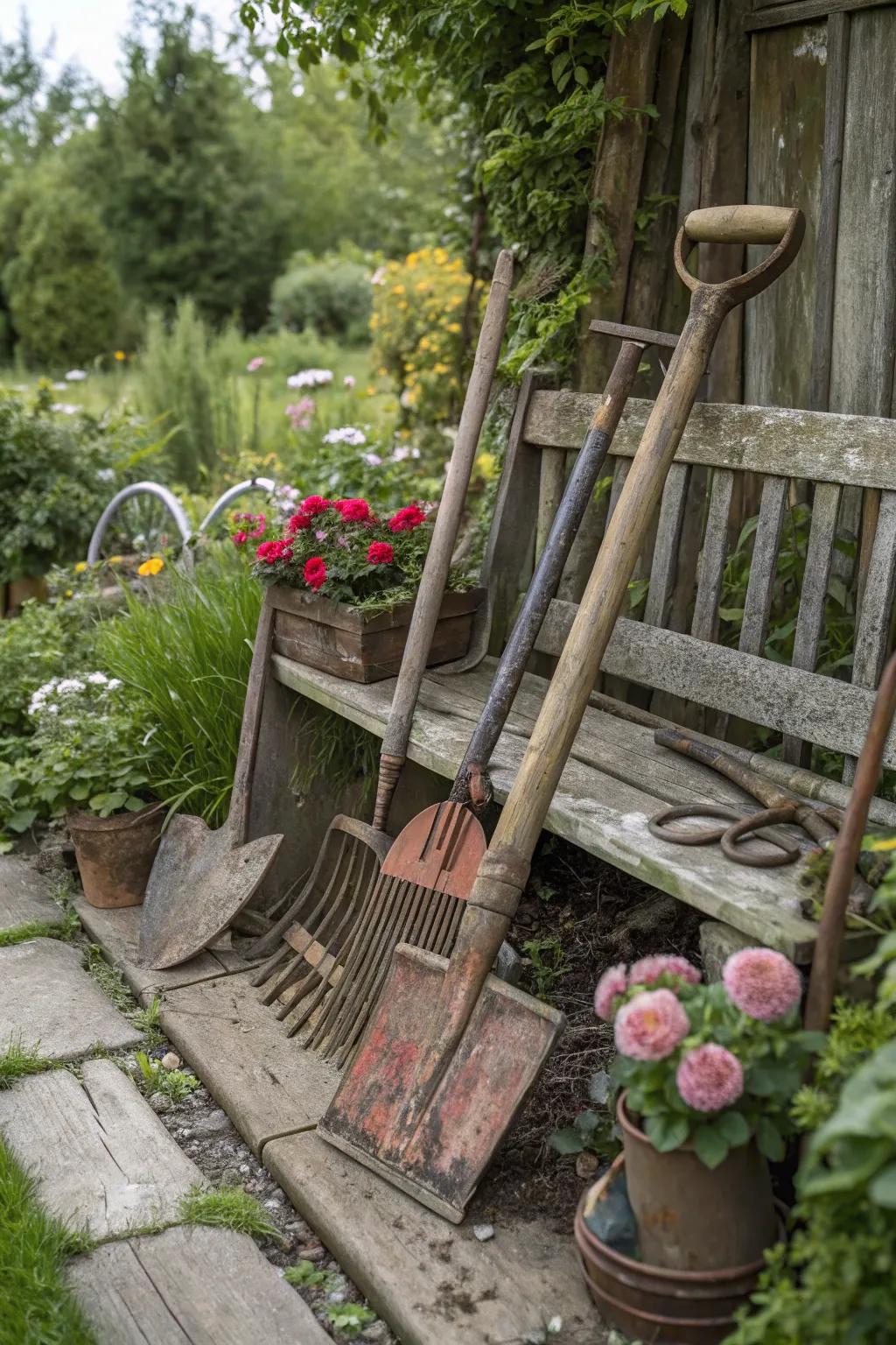 Weathered accents add character to the garden.