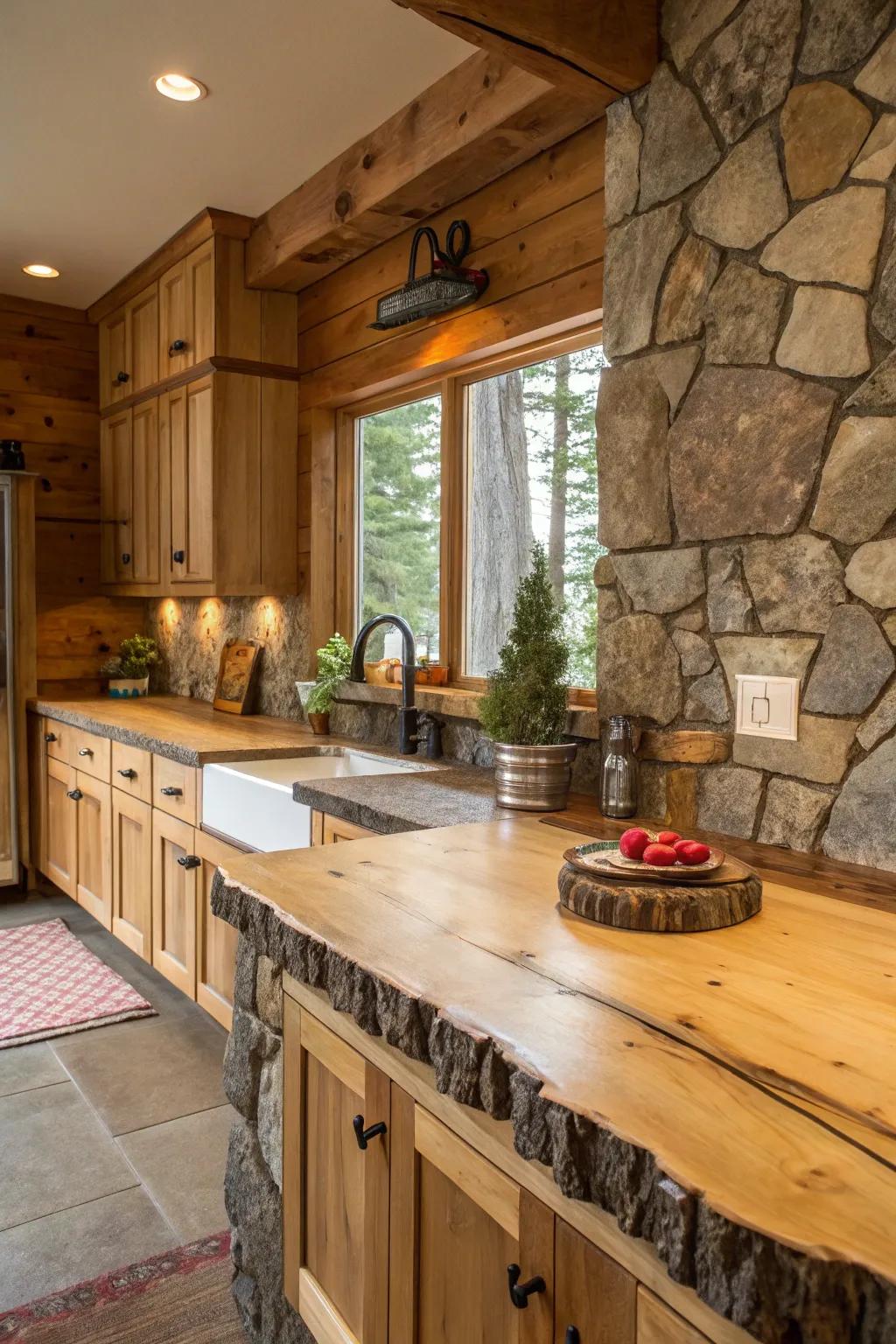 Live-edge countertops provide a unique and organic kitchen focal point.