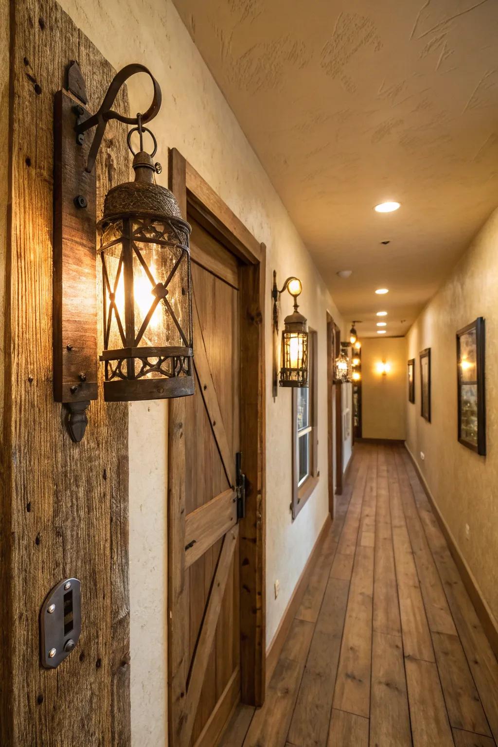 Rustic wall sconces add subtle elegance to this hallway.