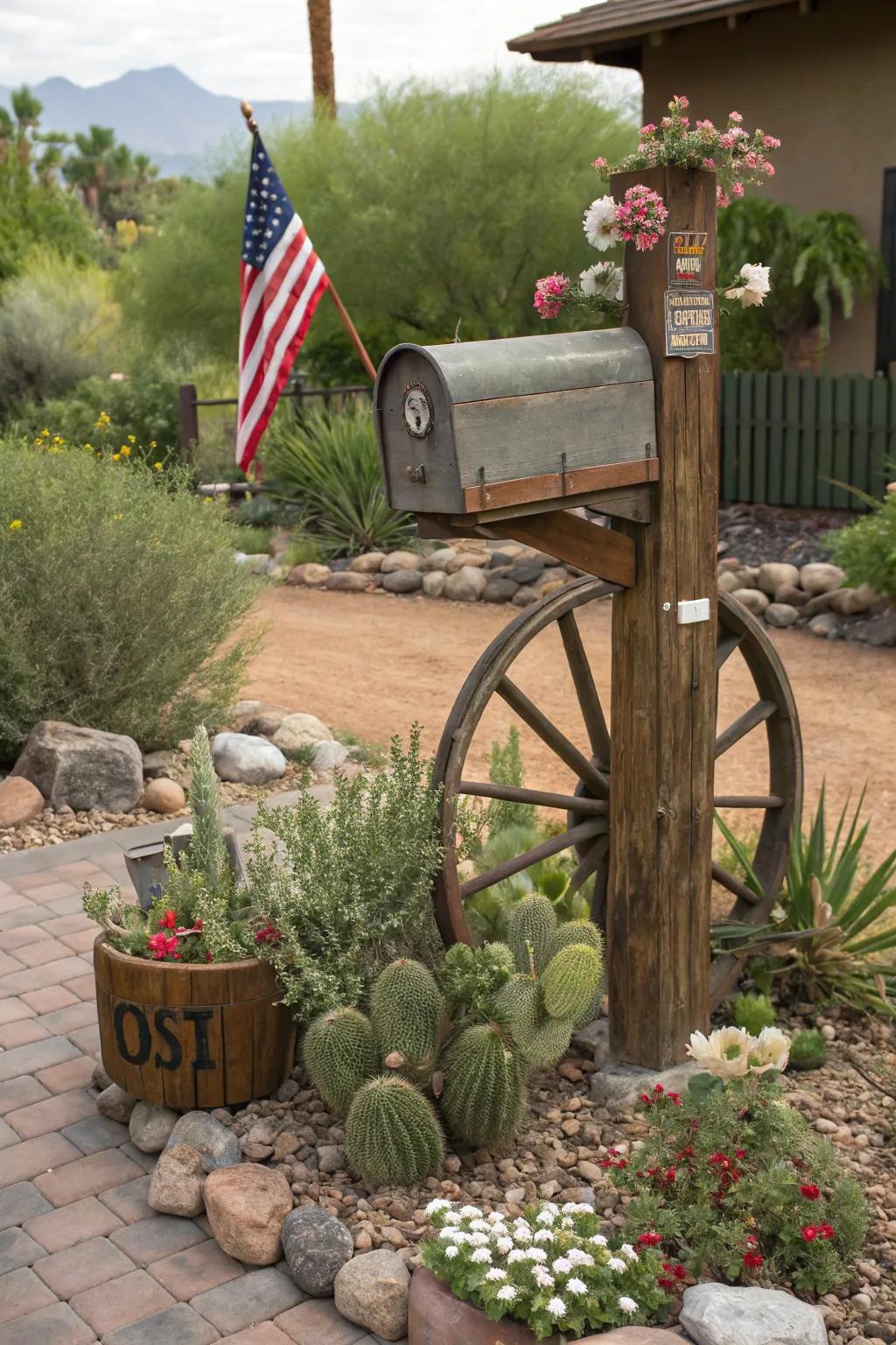 A wagon wheel base brings a vintage touch to this rustic mailbox post.